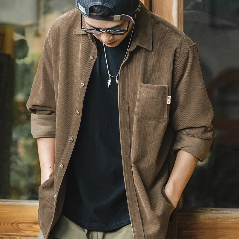 

Mens Corduroy Shirt Jacket Workwear American Casual Long Sleeve Layered Outer Striped Fleece Single Breasted Autumn