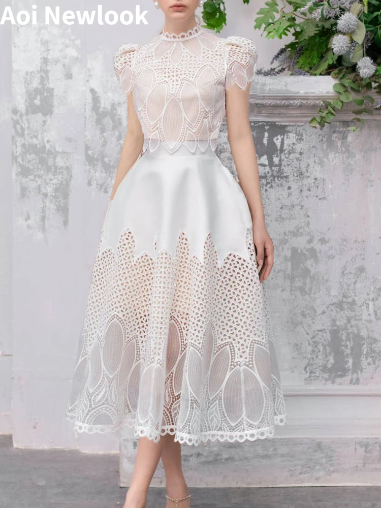 Aoi Elegant White Lace Two Pieces Set Women Spring Summer New A-Line Embroidery Hollow Top And Skirt Fashion Party Evening Dress