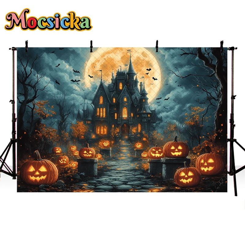 Mocsicka Fall Halloween Backdrop Photography Spooky Castle Moon Pumpkin Decor Cake Smash Kids Portrait Photo Background Studio