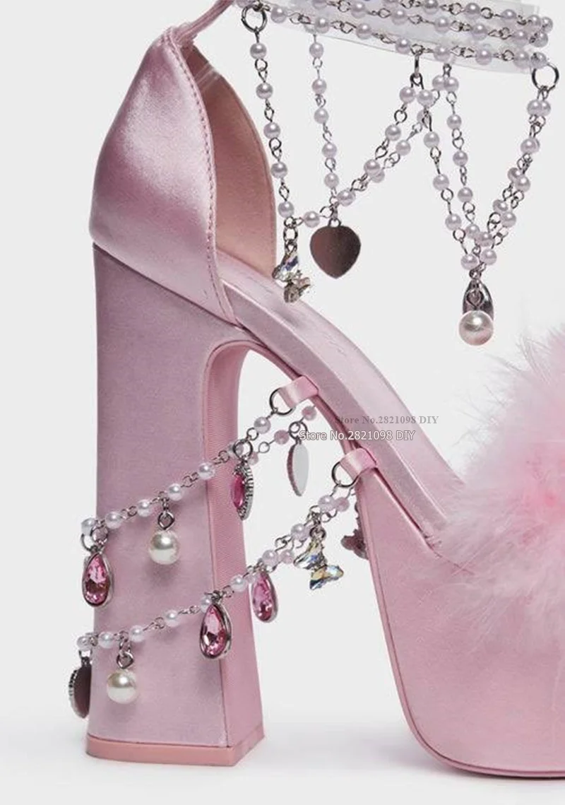 Pink Fur Satin Revelation Platform Heels Charm Gemstone Platform Chunky Heeled High Heel Women Sandal Heels Summer Leather Shoes