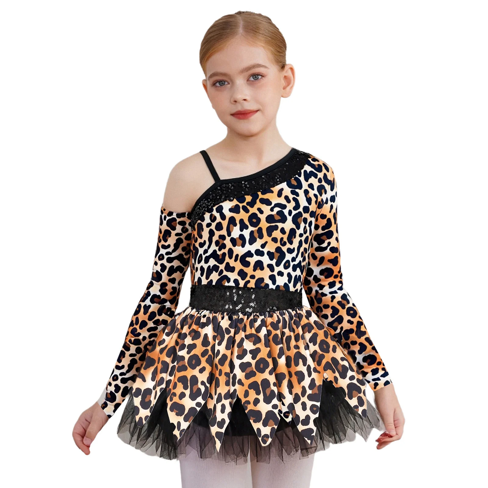 

Halloween Cave Primitive Tribal Cowgirl Cosplay Dress Sequins Long Sleeve Leopard Print Puffy Dress Party Carnival