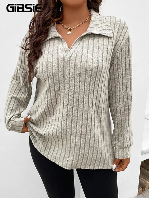 GIBSIE Plus Size Tshirt dla kobiet Wiosna Jesień Polo Kołnierzyk Długi rękaw T-Shirt Damski Casual Ribbed Knit Solid Tee Tops 2023