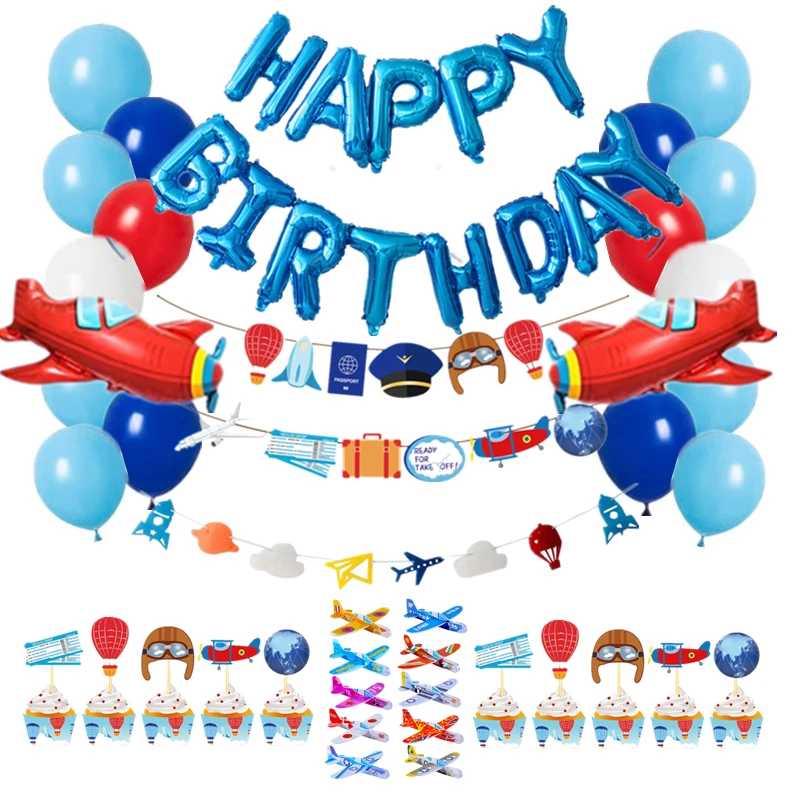 Birthday Decoration Garland Banner for Boy, Red and Blue Airplane, 1st Aviator, Travel Aircraft Theme, Party Supplies