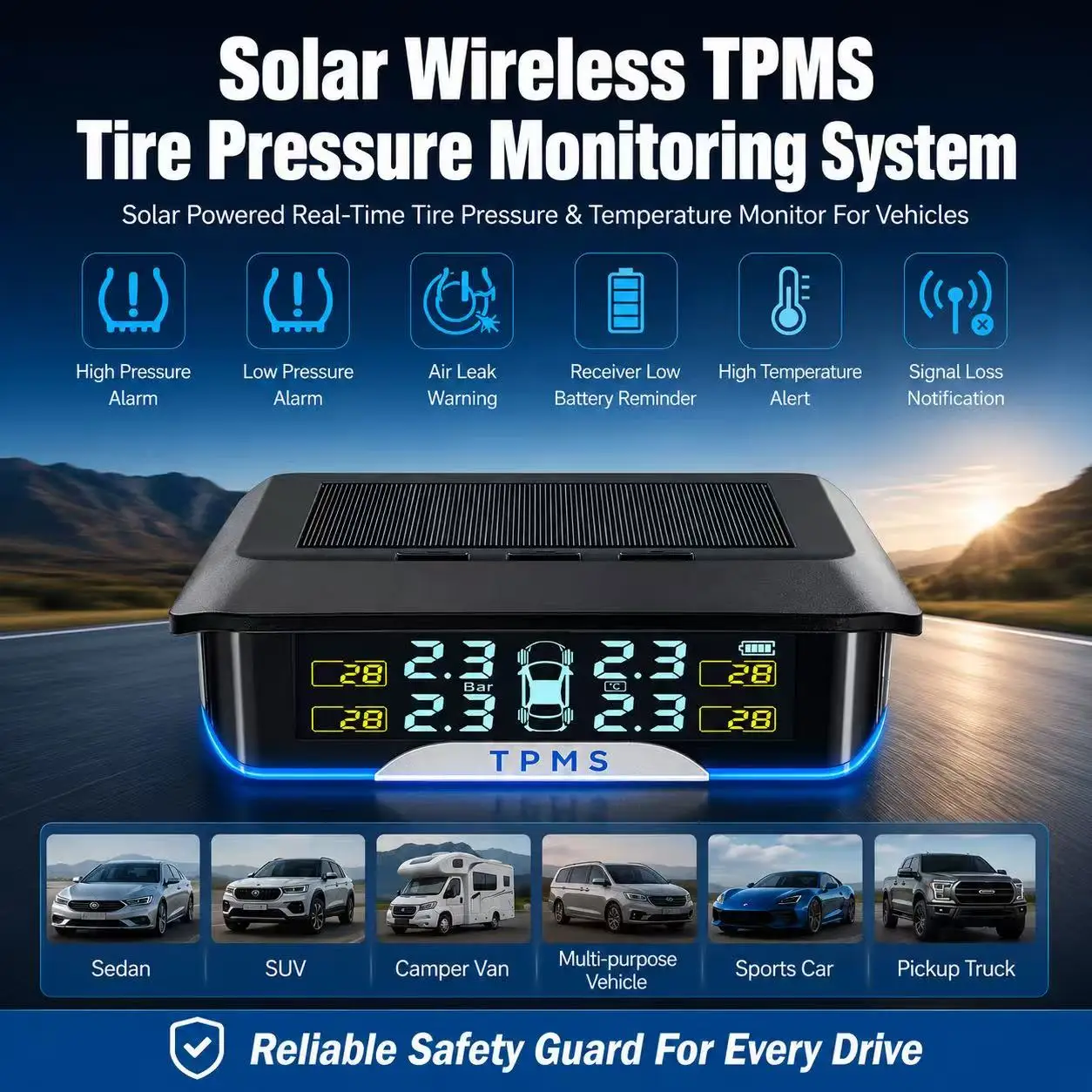 Solar Wireless TPMS Tire Pressure Monitor with LCD Screen. Real-time Tire Pressure & Temp Tracking, 6 Smart Alarm Modes, 4 Exter