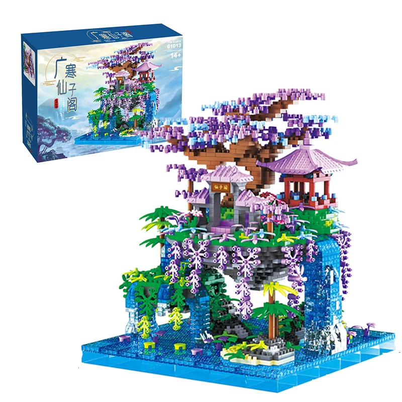 4574PCS Chinese Ancient Architecture Peach Blossom Pond Castle Model Building Block Set Diamond Bricks with Light Toys Kids Gift