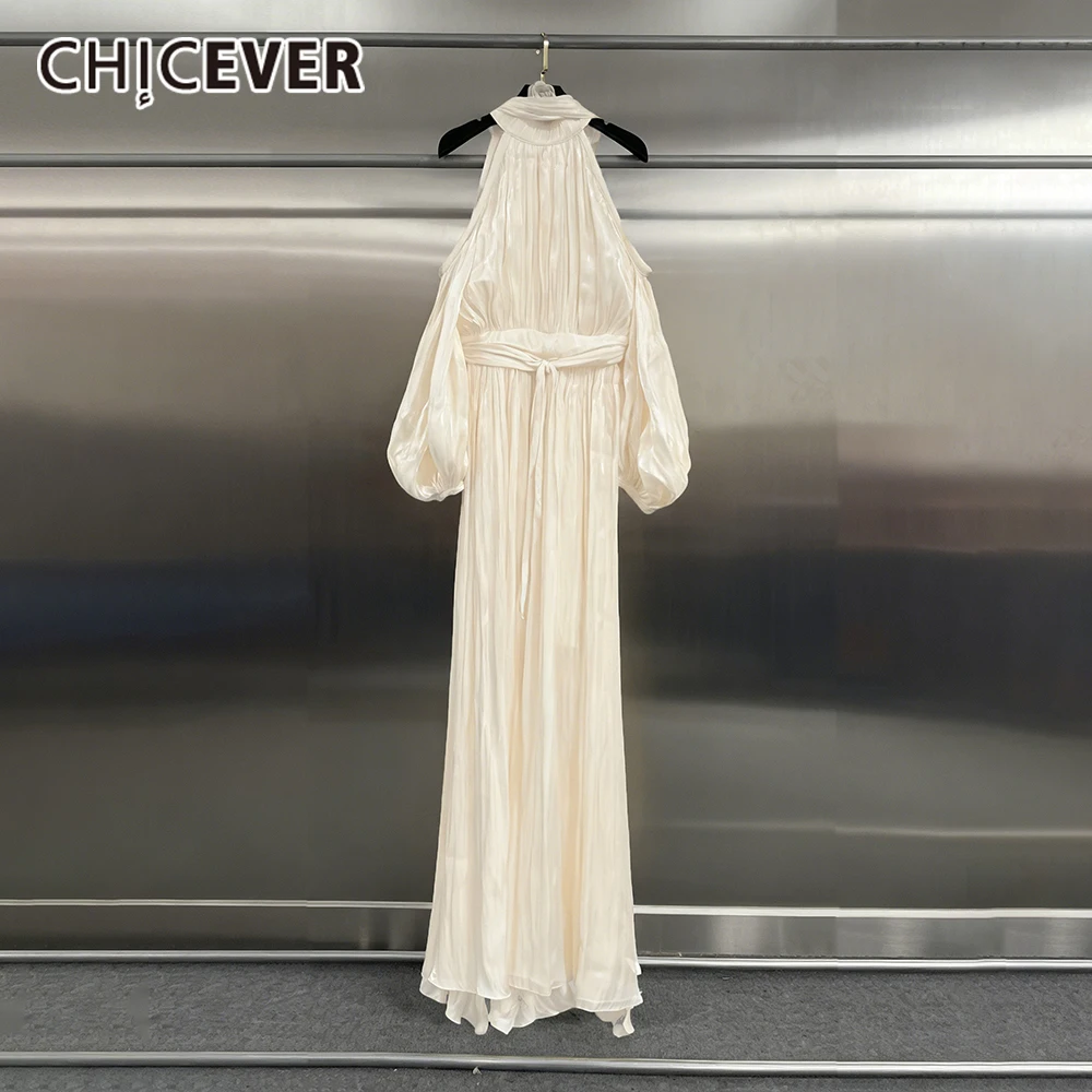 CHICEVER Apricot Spliced Folds Chic Dress Female Halter Long Sleeve Loose Luxury Intellectual Women's Dresses Summer Fashion New
