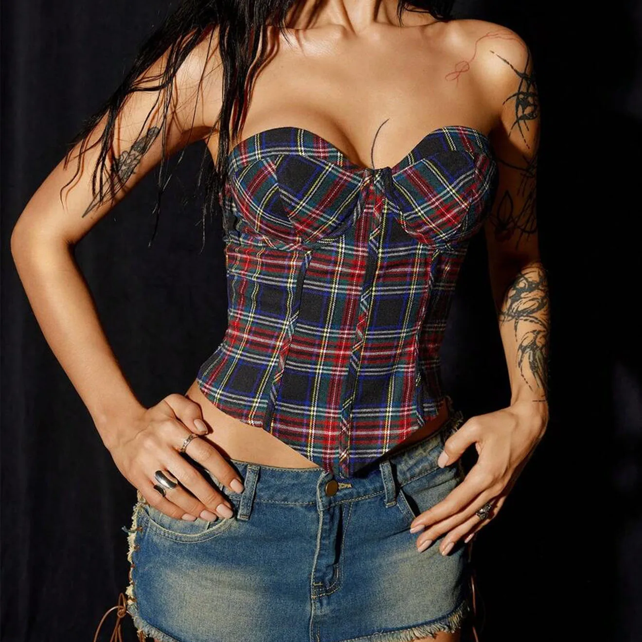Retro, sweet and spicy, hot girl's word-neck vest top, female plaid back zipper short slim vest, Europe and America cross-border