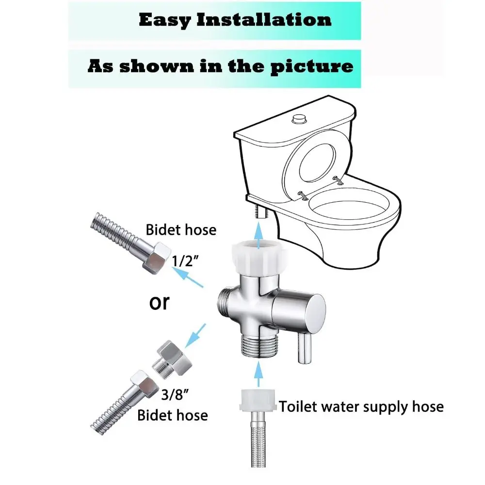 Premium Solid Brass Bidet T Adapter Shut-off Valve Durable Tee Connector Chrome Finish 3-Way T Valve Handheld Toilet