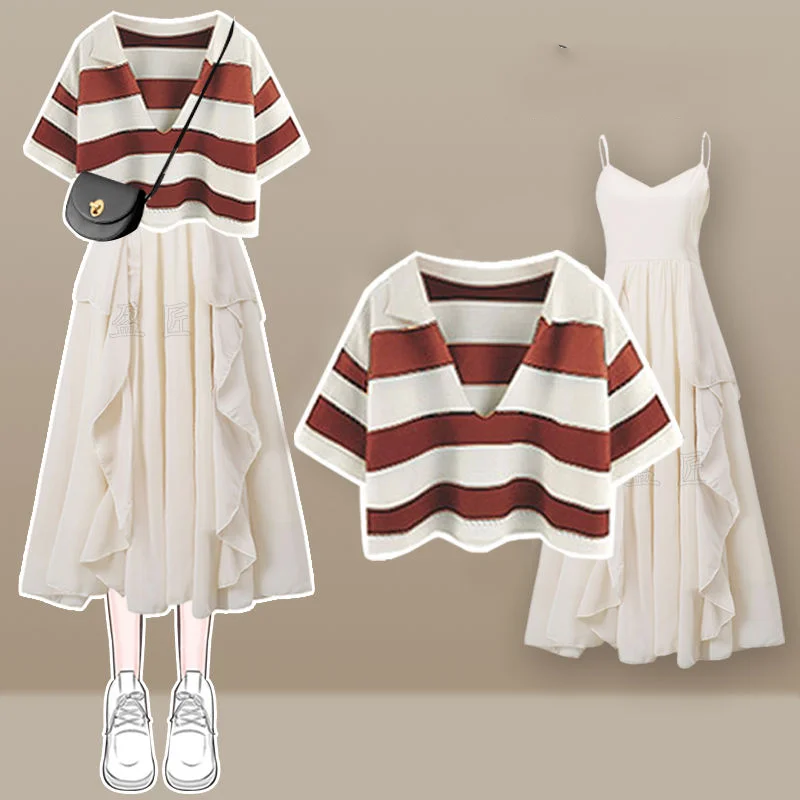 Women's Clothing Summer Single/Outfits 2023 New Arrival Korean Fashion Age Reducing Stripe Top Slim Strap Dress Two Piece Set