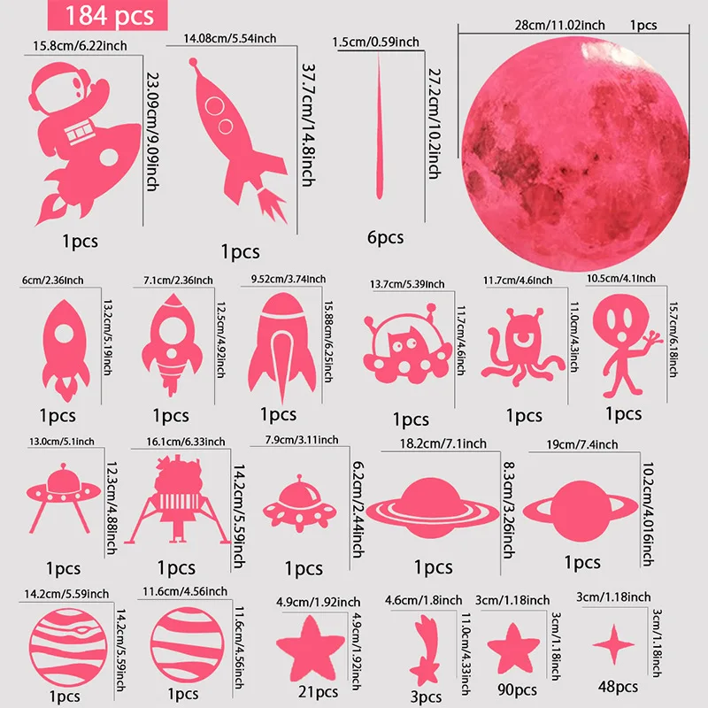 184 قطعة من ملصقات الفلورسنت المتوهجة في الظلام موضوع الفضاء نجوم القمر سفن الفضاء ، ديكور غرفة الأطفال ملصق كرتوني ذاتي اللصق