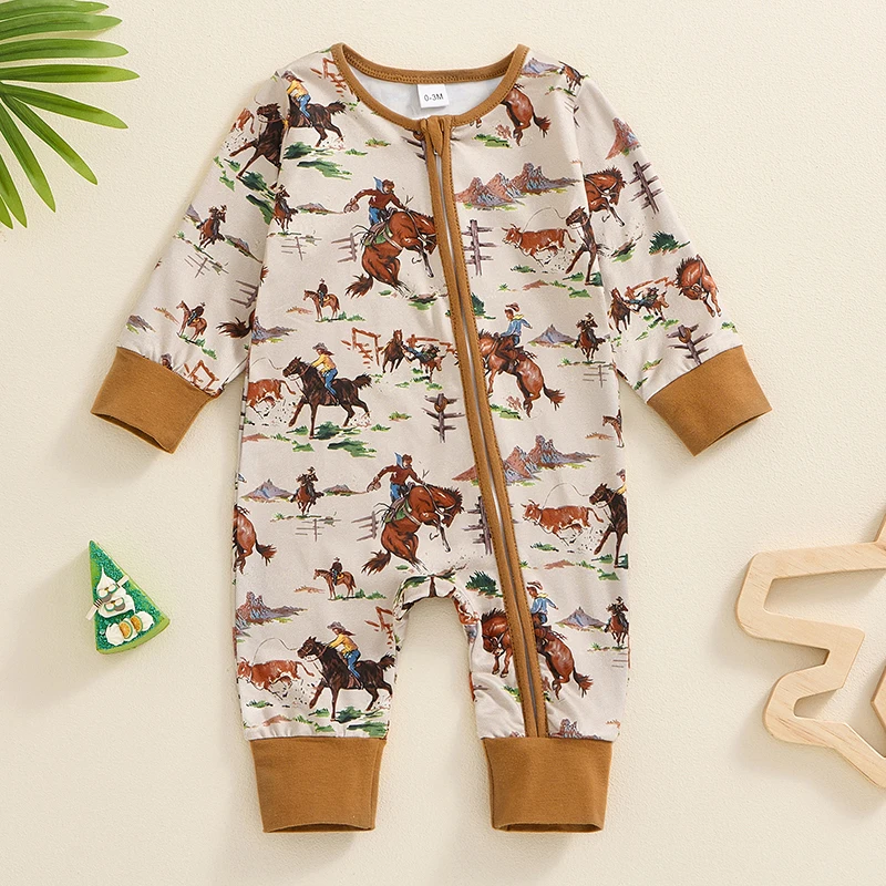 

Baby Boy Fall Horse Cow Print Long Sleeve Romper Zipper Jumpsuit Playsuit Cowboy Outfit Newborn Clothes