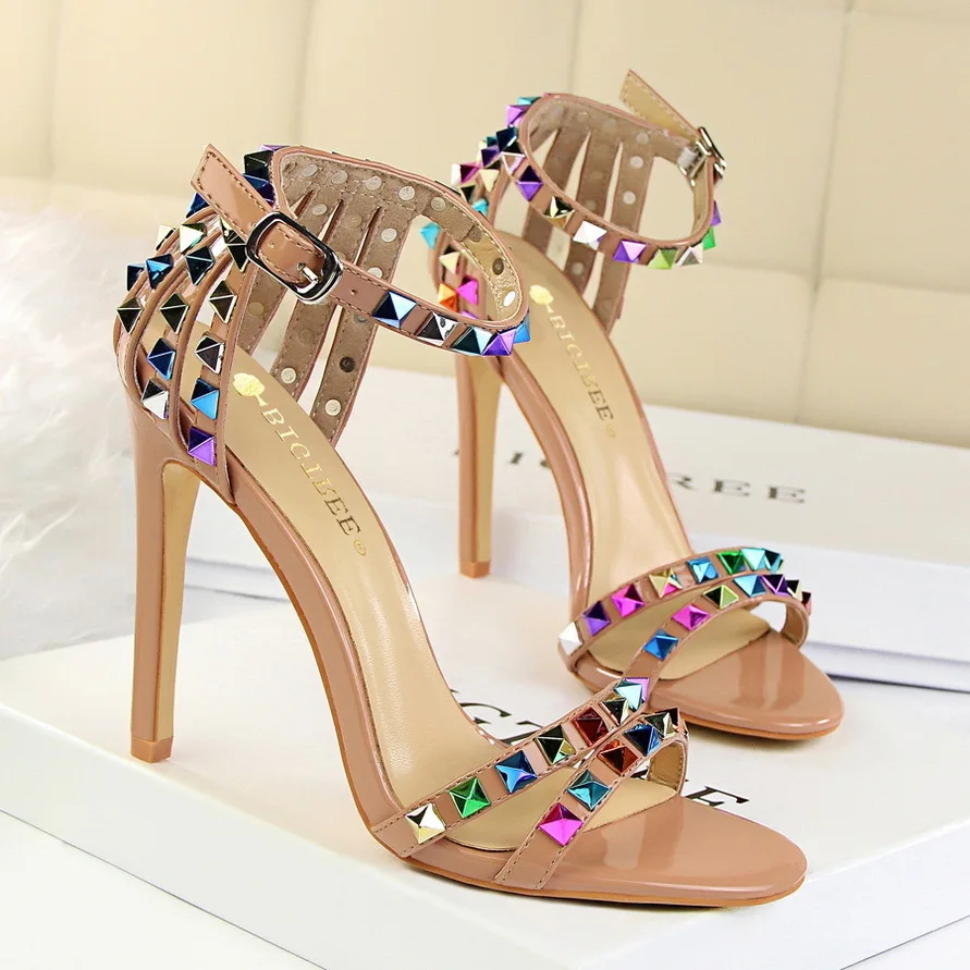 

New Roman Style Women's Shoes With Thin Super High Heels Open Toe And Hollow Out Colored Rivet Sandals Women Pumps