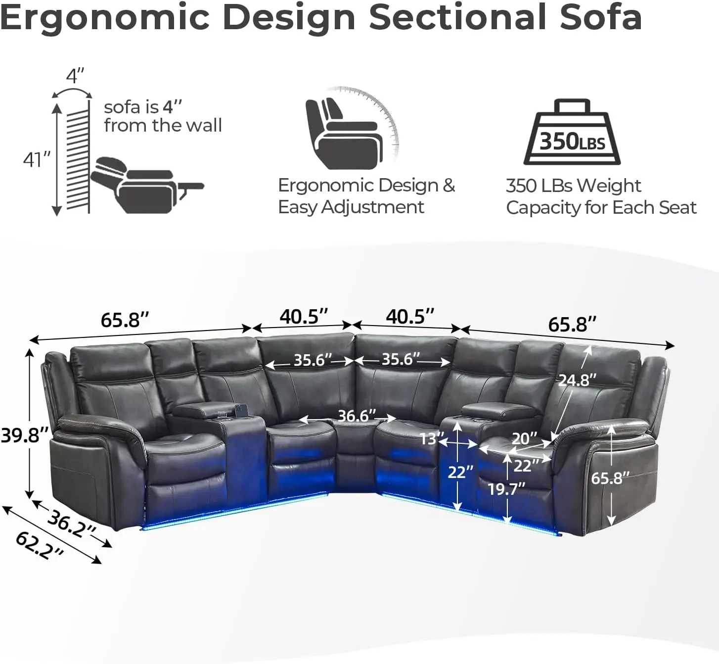 Power Recliner Sectional Sofa with LED Lights, USB, Cup Holders & Storage Console - Faux Leather Corner Couch