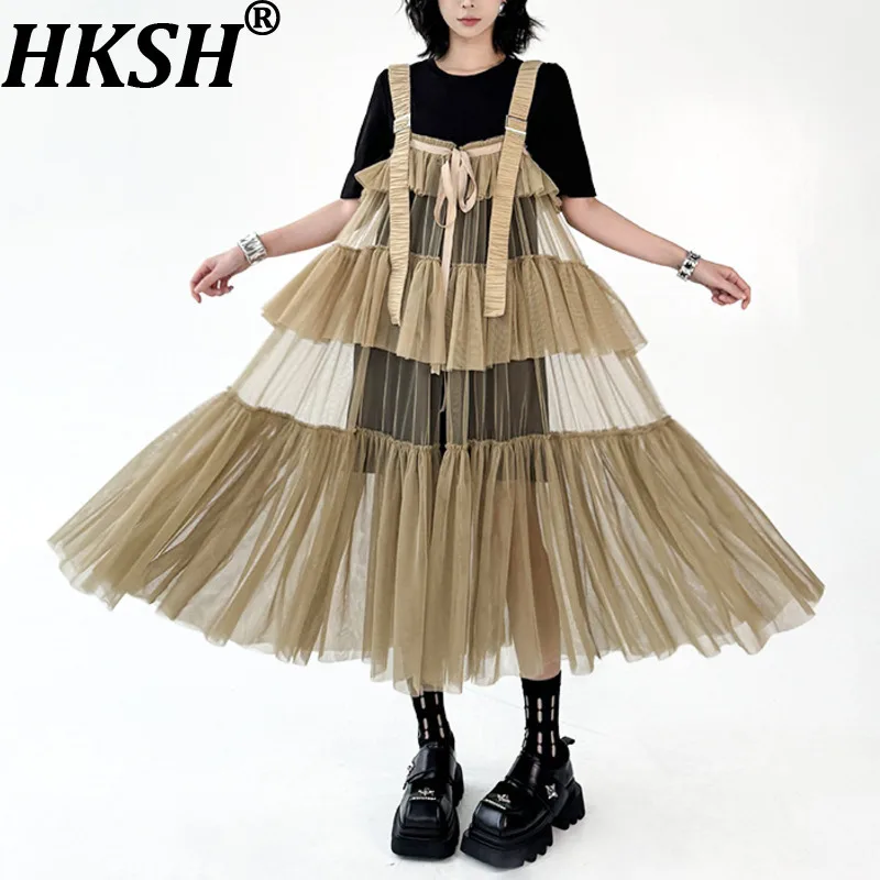HKSH printemps automne nouvelle robe globale pour femmes couches plissées maille transparente conception de Niche française a-ligne robes douces élégantes HK17971
