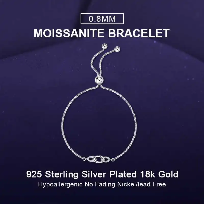 

IOGOU Women's D0.07CT Moissanite Diamond Adjustable Bracelet Real 925 Sterling Silver Hand Chain Fashion Wedding Jewelry Gift