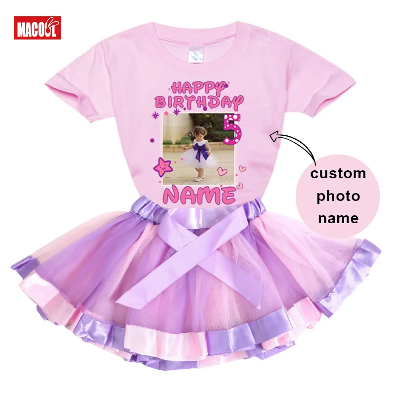 Girl Tutu Set Personalized T Shirt Photo Birthday Outfit Custom Name Shirt Girl Outfit Shirt Set Rainbow Kids Outfit Little Girl