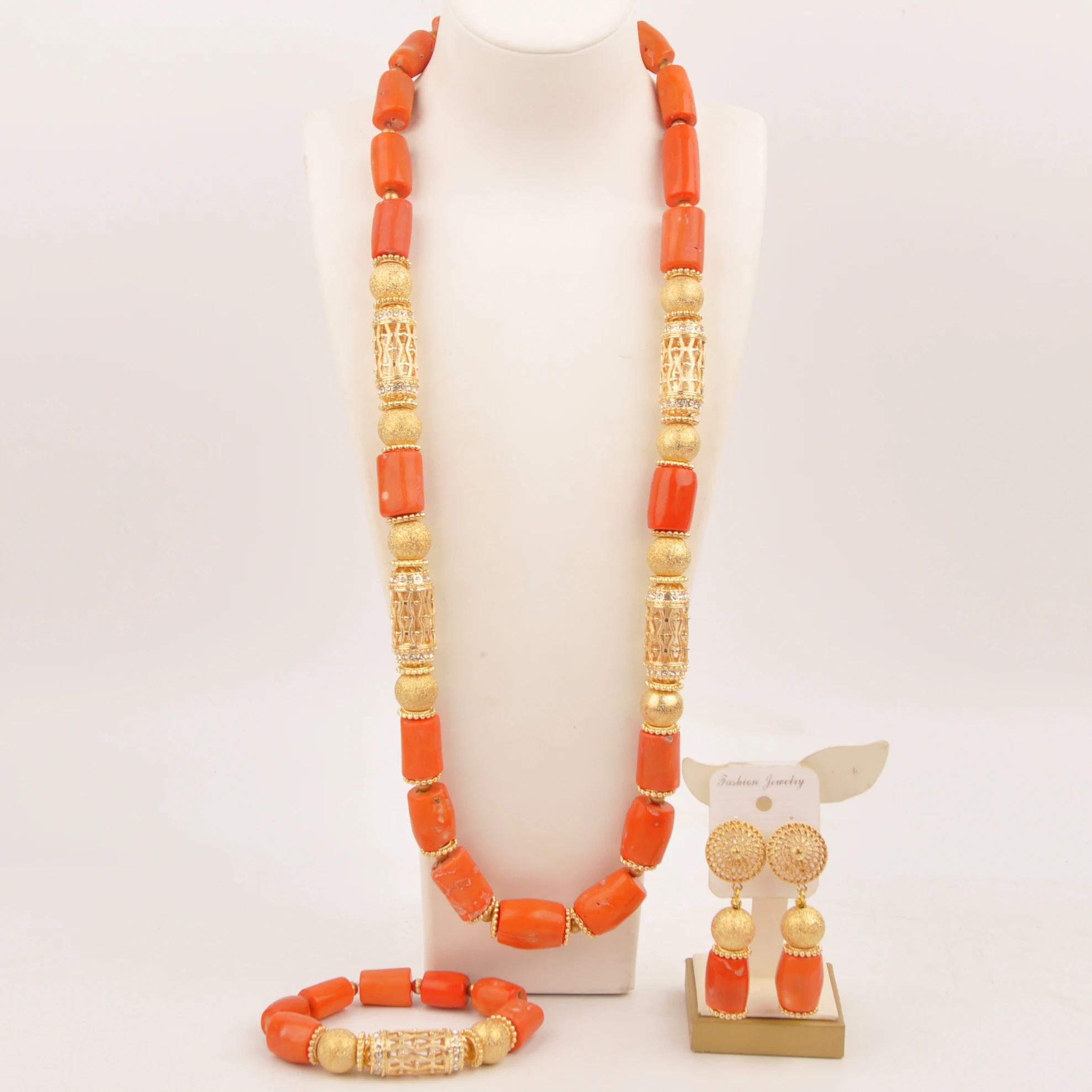 Nigerian Groom Jewelry Orange Coral Jewelry Set for Men