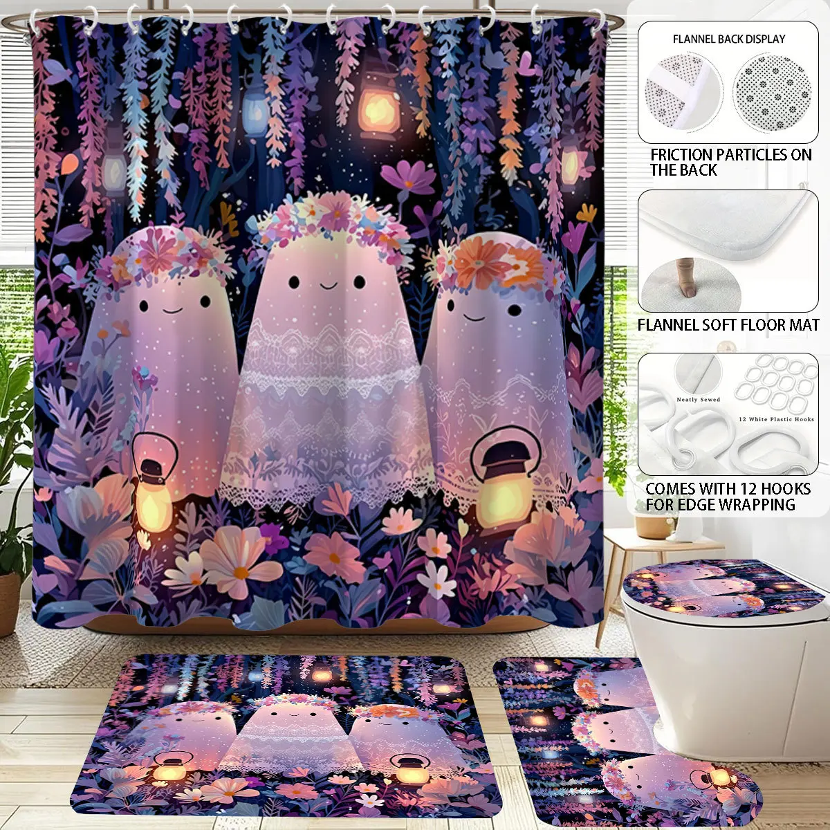 Pink Ghost and Floral Halloween Shower Curtain Set, Waterproof Quick-Dry Bathroom Curtain with 12 Hooks