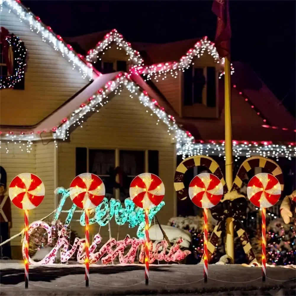 1SET 5PCS Christmas Solar Candy Shaped LED Stake Light, Outdoor Garden, Courtyard, Trail, Yard,Christmas Day Decorative Lighting