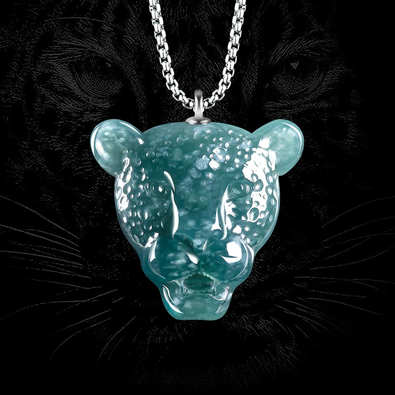 925 Silver Inlaid with Natural Jade Blue Water Leopard Heand Necklace Pendant Men Women Couple Amulet Gift