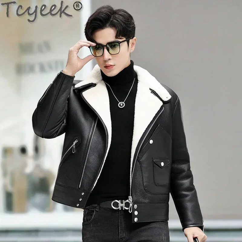 Tcyeek Genuine Leather Motorcycle Jacket Winter Mens Jackets New Wool Fur Coat Men Slim Fit Real Sheepskin Fur Coats Short Style