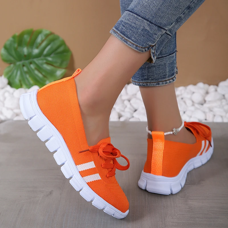 Breathable Knitting Flats Shoes for Women 2024 New Striped Lace-Up Soft Sole Sneakers Woman Plus Size Light Non-Slip Caual Shoes