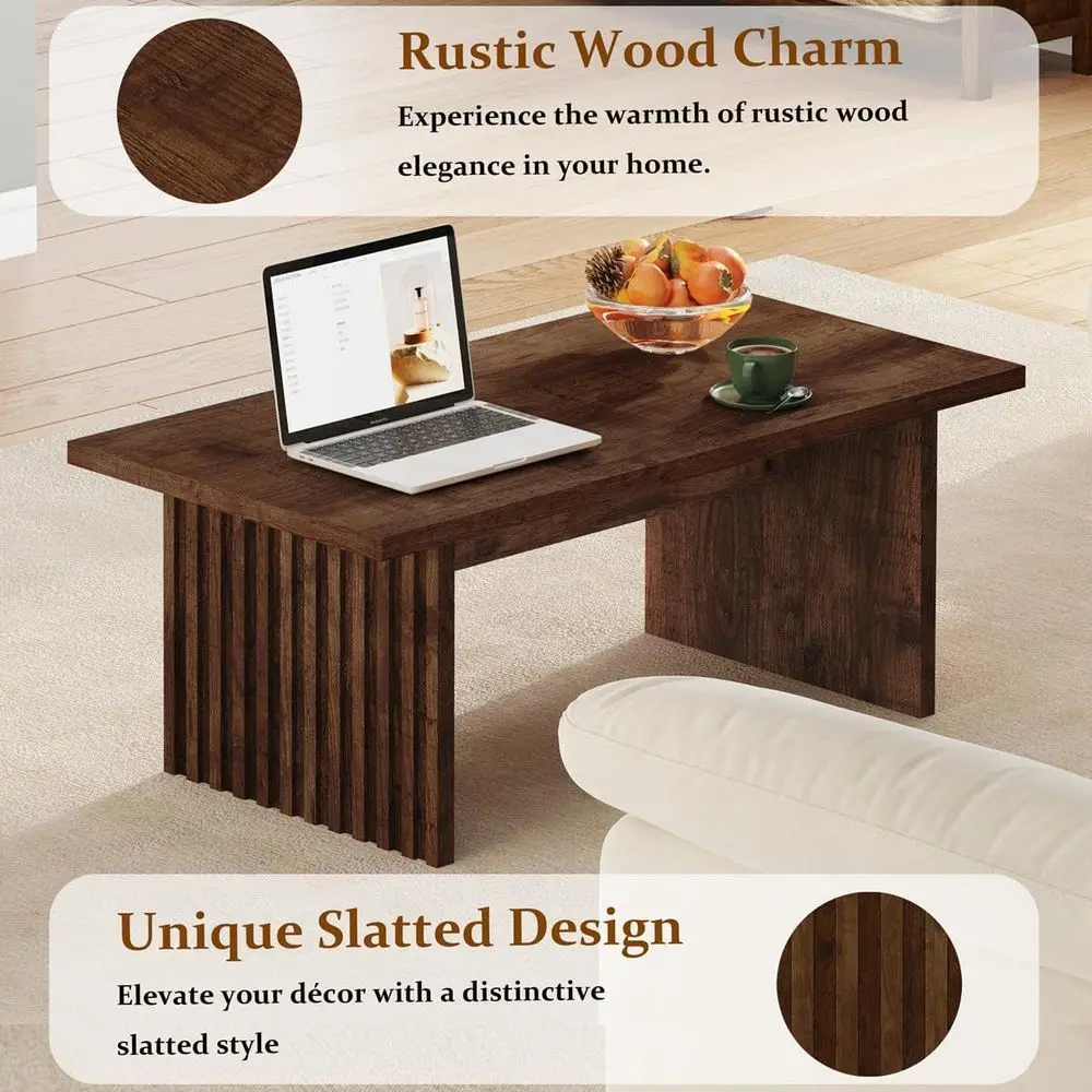 Rustic Oak Farmhouse Coffee Table, 43 Rectangle Mid-Century Style, Unique Panel Design