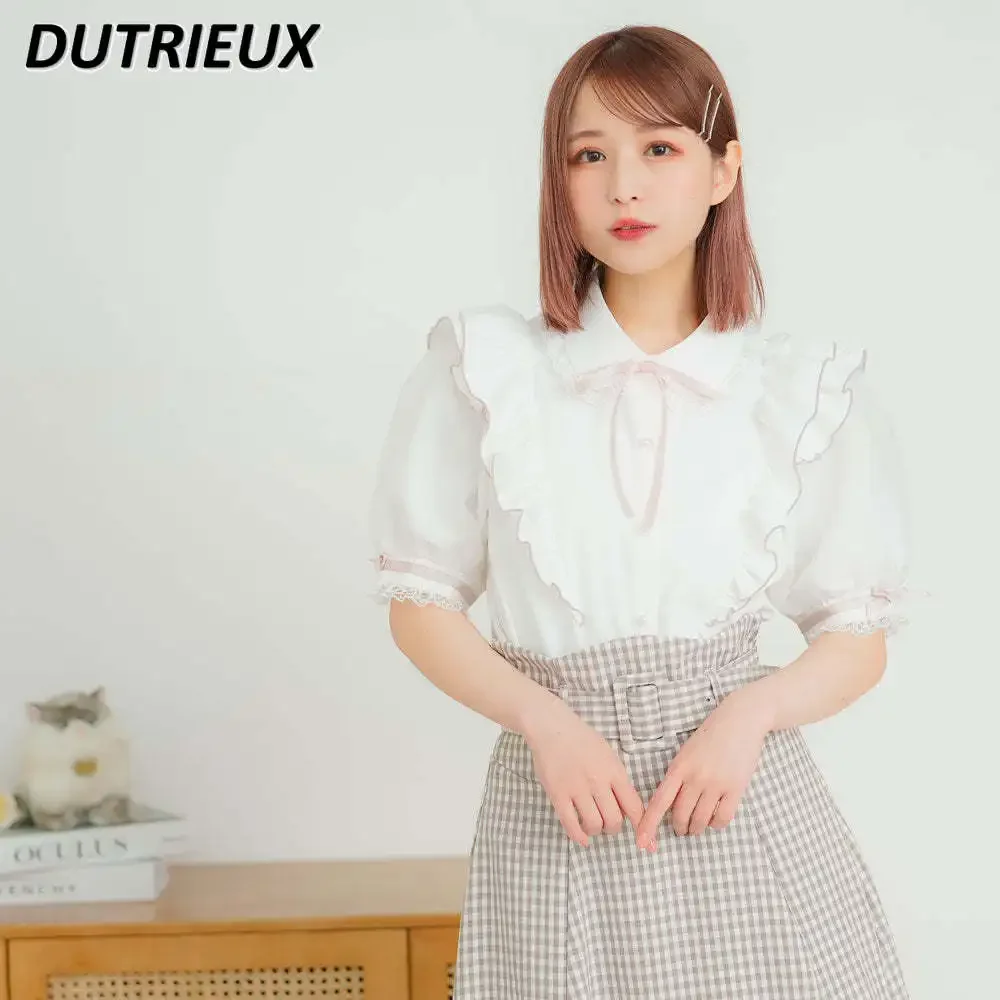 Japanese Style Sweet Cute Summer Women's Tops Fashion Short Sleeve Blouse Lace Mesh Patchwork Thin Bow Wooden Ear Lolita Shirts