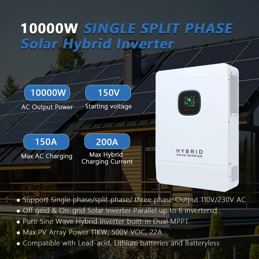 Y&H 10KW Hybrid Solar Inverter 48V 110V/220V Split Phase Off-Grid Inverter Supports Parallel-Capable, MPPT 200A Solar Charger