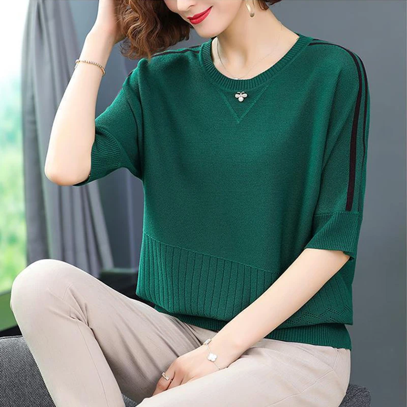 Plus ขนาดผู้หญิงฤดูร้อนน้ำแข็งผ้าไหมถักหลวมสไตล์ครึ่งแขน Top Basic Women 'S O-Neck สีผู้หญิง Pullover