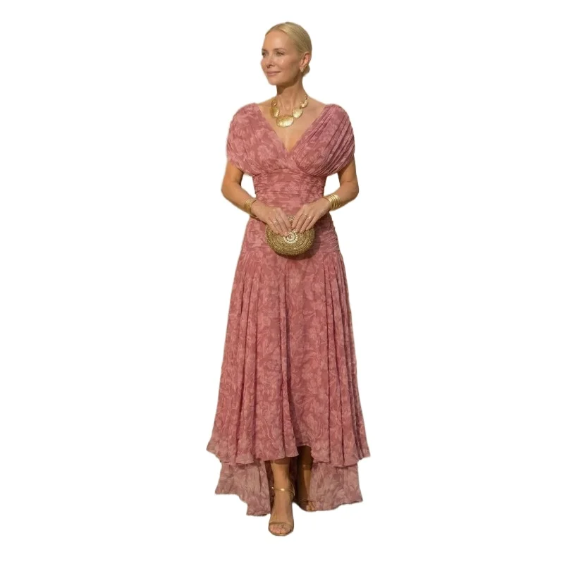 

Women Printed High Waist Pleat Cocktail Party Dress Elegant Female Diagonal Collar Raglan Sleeve Swing A-Line Dress