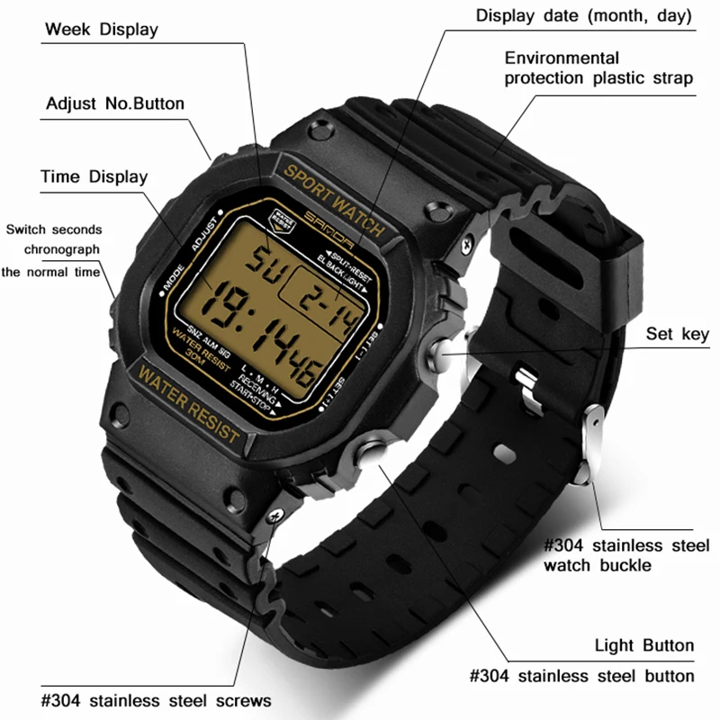 SANDA Topmerk Herenhorloge Mode LED Digitale Buitensporten Militaire Horloges Elektronisch Horloge Klok Heren Reloj hombre