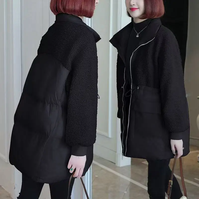 ダウンジャケット女性ミッドレングス秋冬新ルーズ綿パッド入りステッチラムフリース厚く暖かいコート女性オーバーコートトップス