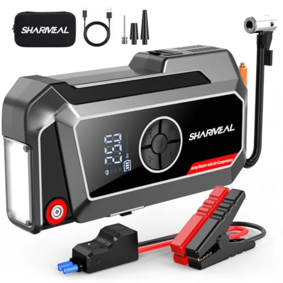 

Portable 12V jump starter with air compressor for cars and trucks lithium-ion battery black 6000A peak current 200 PSI built-in
