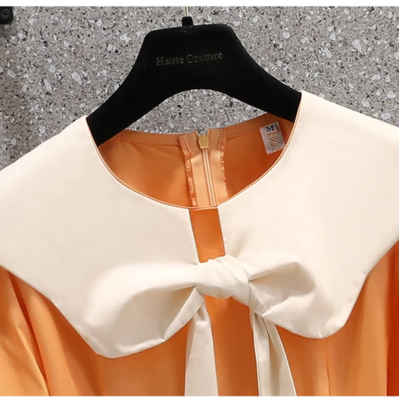 Women T-shirt Dresses Summer Female Doll Collar Short Sleeve Large Size Elegant A Line Orange Green Bandage Polyester Vestidos