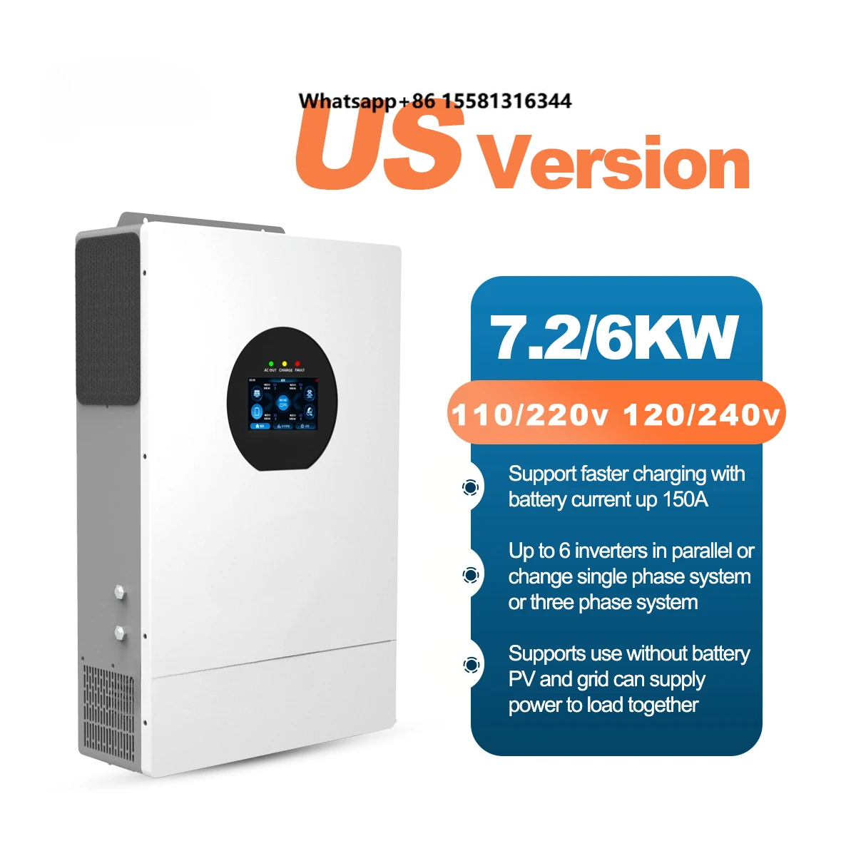 UNC 7.2KVA 120V/240V 48v 51.2v WIFI Hybrid Inverter Solare 50HZ 60HZ UL174 Single Split Phase 95% LCD Anti-reflux CT US Market
