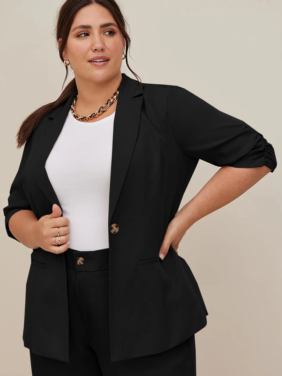 Blazer élégant à manches mi-froncées pour femmes, bouton unique, veste d'affaires décontractée, mant