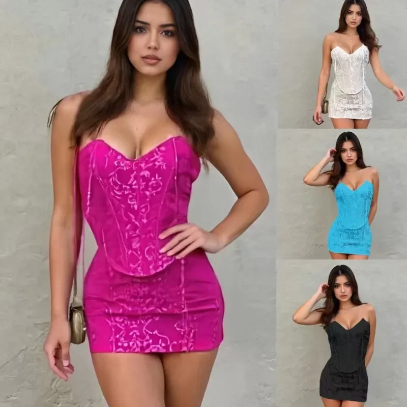 

GUWU Fishbone Waist Cinched Half Skirt Mesh Set Sexy Spicy Girl Irregular Hanging Neck Top Short Skirt Two-piece Set