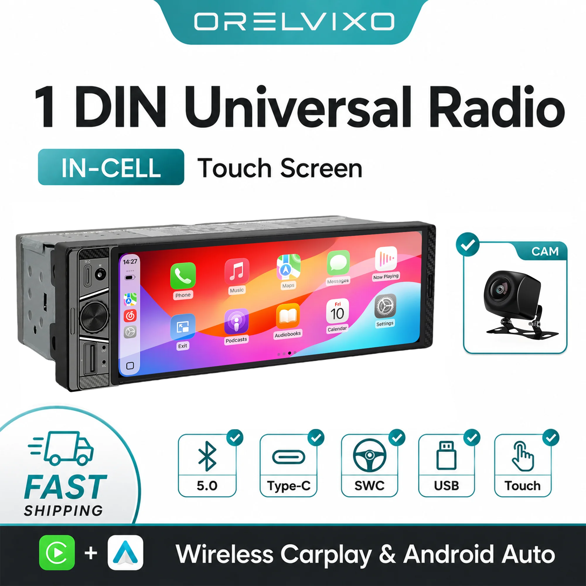Car Radio 6.36 Inch 1 DIN Touchscreen 1280x480 Wireless CarPlay Android Auto FM MP5 Player Car Stereo Multimedia Head Unit