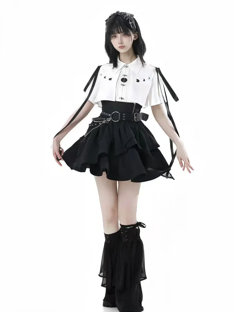

Summer New Gothic Style Retro Printed Cloak Shirt Tops + High Waist Slimming Mini Skirt Set Two Piece Set Women Outfits Chic
