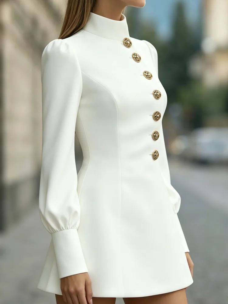 Mini Dress Women Stand Collar Puff Long Sleeve Gold Buttons Slim Fit Elegant Elegant Wedding Guest Evening Dress