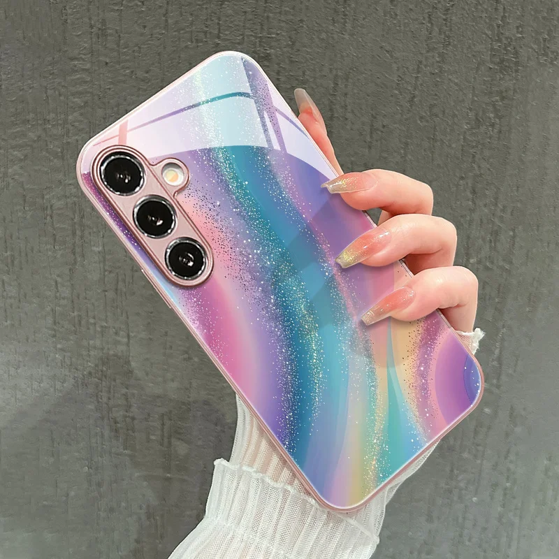 Rainbow Quicksand Starry Sky Pattern Glass Phone Case for Galaxy  S26/S25/S24/S23/S22/S21 and other models