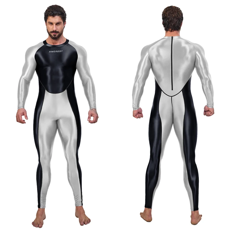 AMORESY Sexy Hot Men One Piece Skin Bodysuit Cosplay Catsuit Jumpsuits Stretch Bodystocking Spandex Zentai Suit