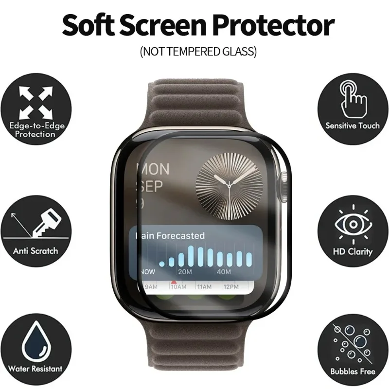 1-6PCS Protective Film For Apple Watch 10 9 42/46/49MM 41/45MM 3D Curved Soft Black Edge Clear Film Full Cover Screen Protector