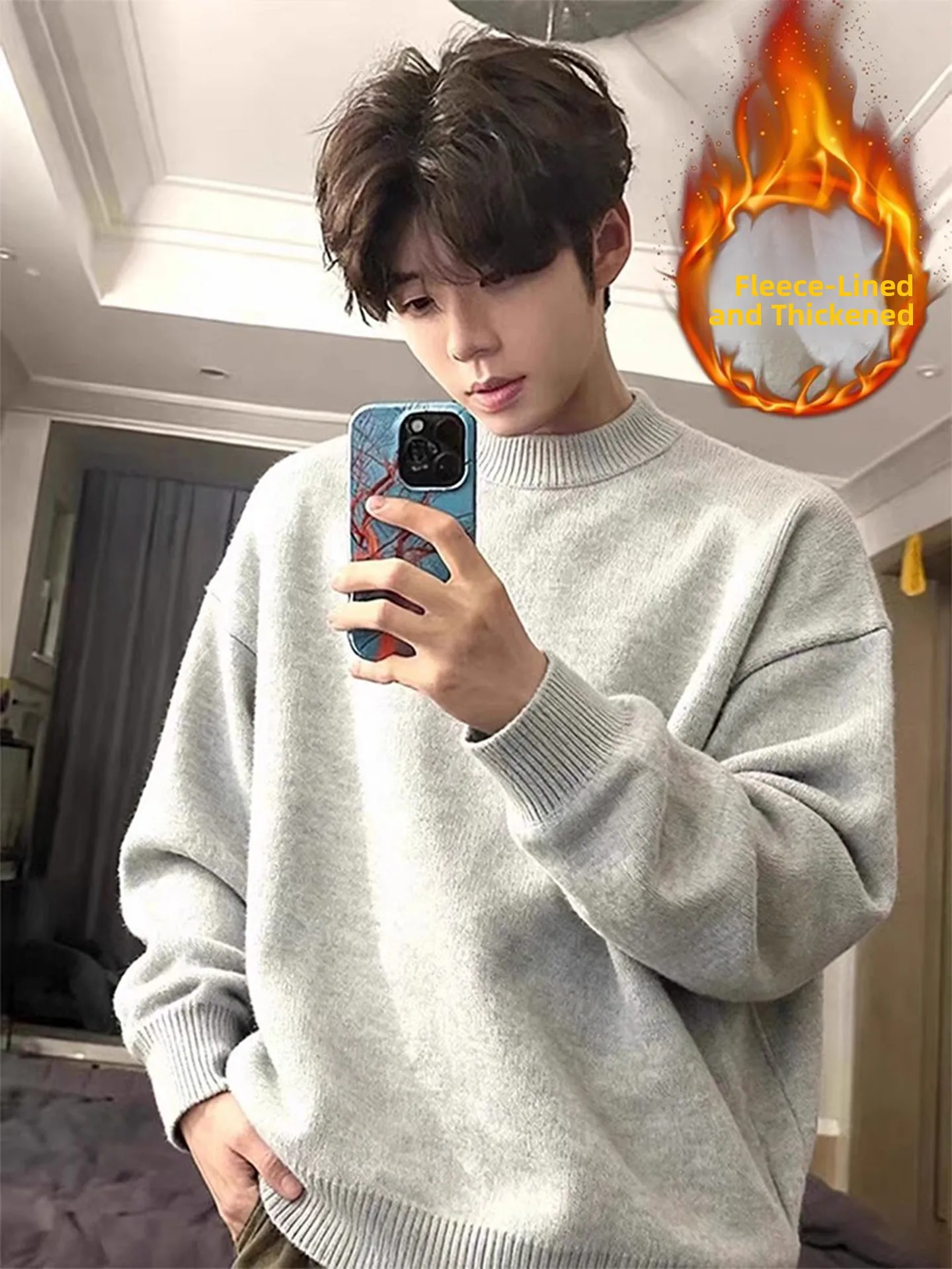 

Мужская зимняя флисовая кофта с круглым вырезом, утепленная, в американском ретро-стиле, мягкая, из полиэстера, для ношения в качестве базового слоя или верхней одежды