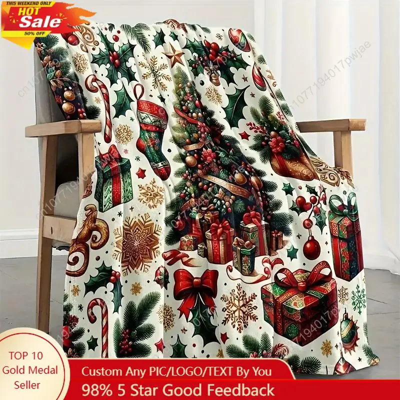 

Flannel Throw Blanket With Christmas Tree Pattern Embroidered Fabric Machine Washable Suitable For All Seasons Custom blankets