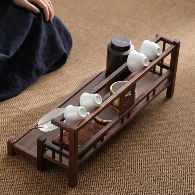 Double Layer Black Walnut Tea Set Organizer Minimalist Retro Design Storage Rack Purple Sand Tea Pots Elegant Wooden Organizer