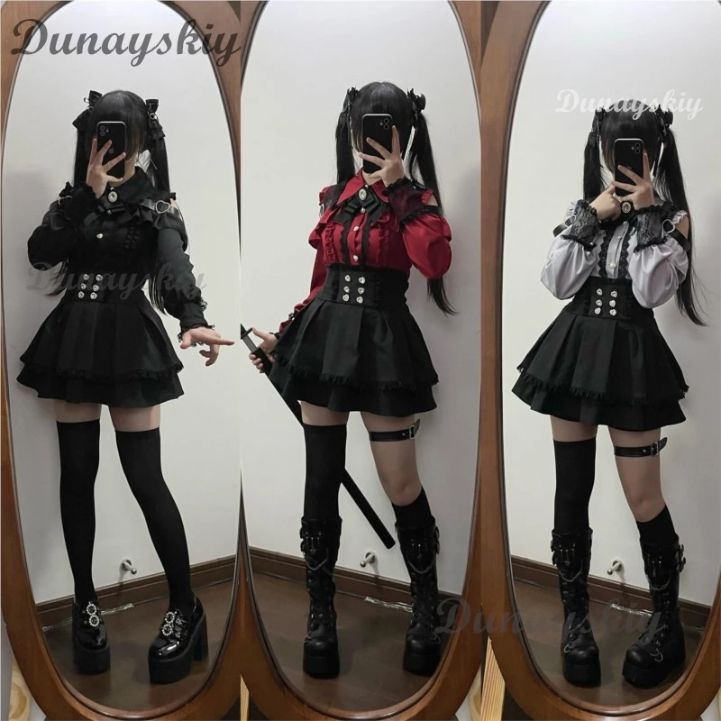 Jirai Kei Lolita Outfit Girls Long Sleeve Bow Shirt Skirt Set Womens Kawaii Y2K Japanese Aesthetic Casual Wear view 4