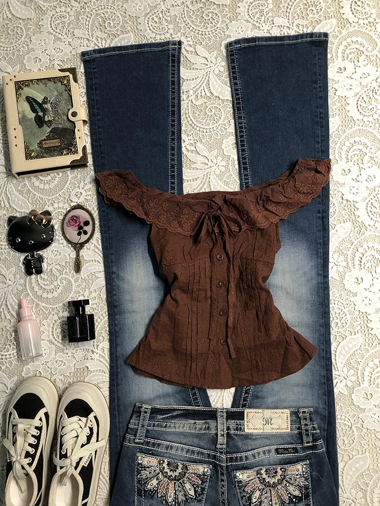 

Винтажная кружевная футболка с плечами, женская оригинальная коричневая винтажная одежда в стиле ретро, хлопковая одежда ort Sve, повседневная летняя осень