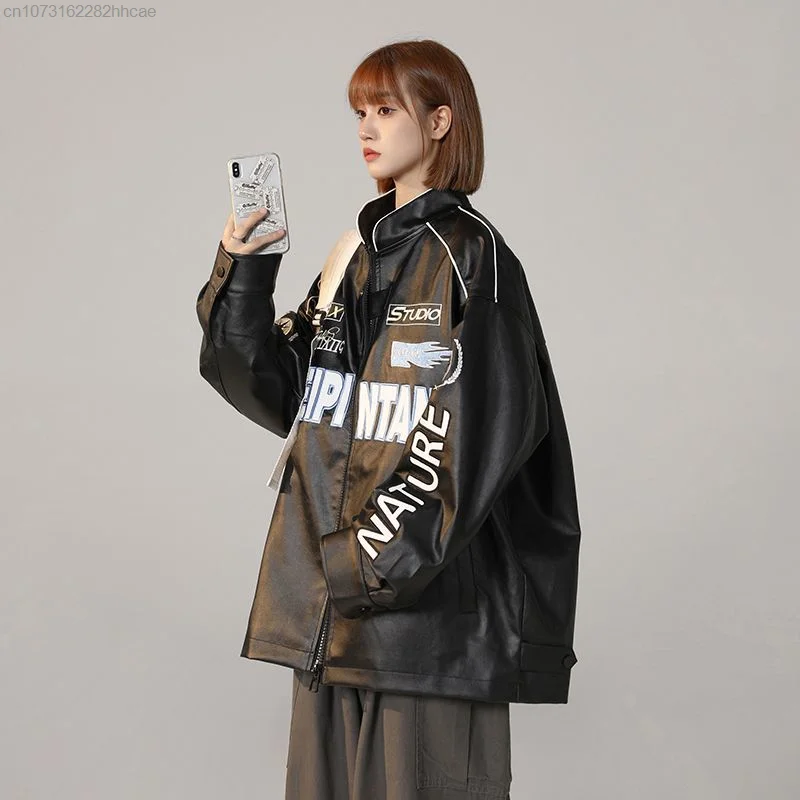 Chaqueta Bomber de béisbol estilo Harajuku para mujer, chaqueta holgada de cuero, estilo Hip Hop, Punk, Cyber Y2k, Yk2